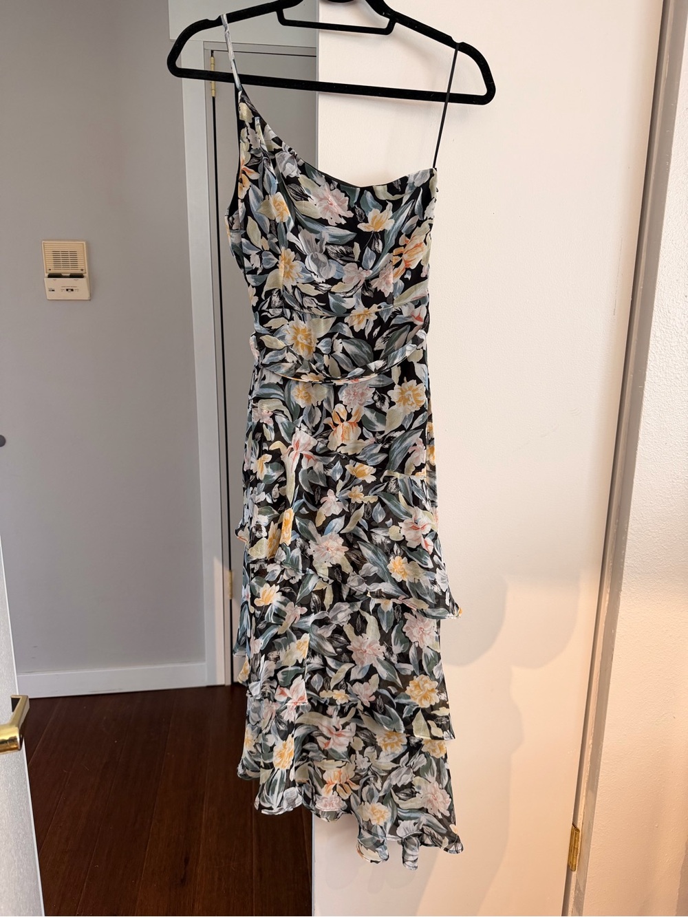 Petal & Pup Floral One-Shoulder Tiered Midi Dress - Black & Teal - Picture 4 of 5